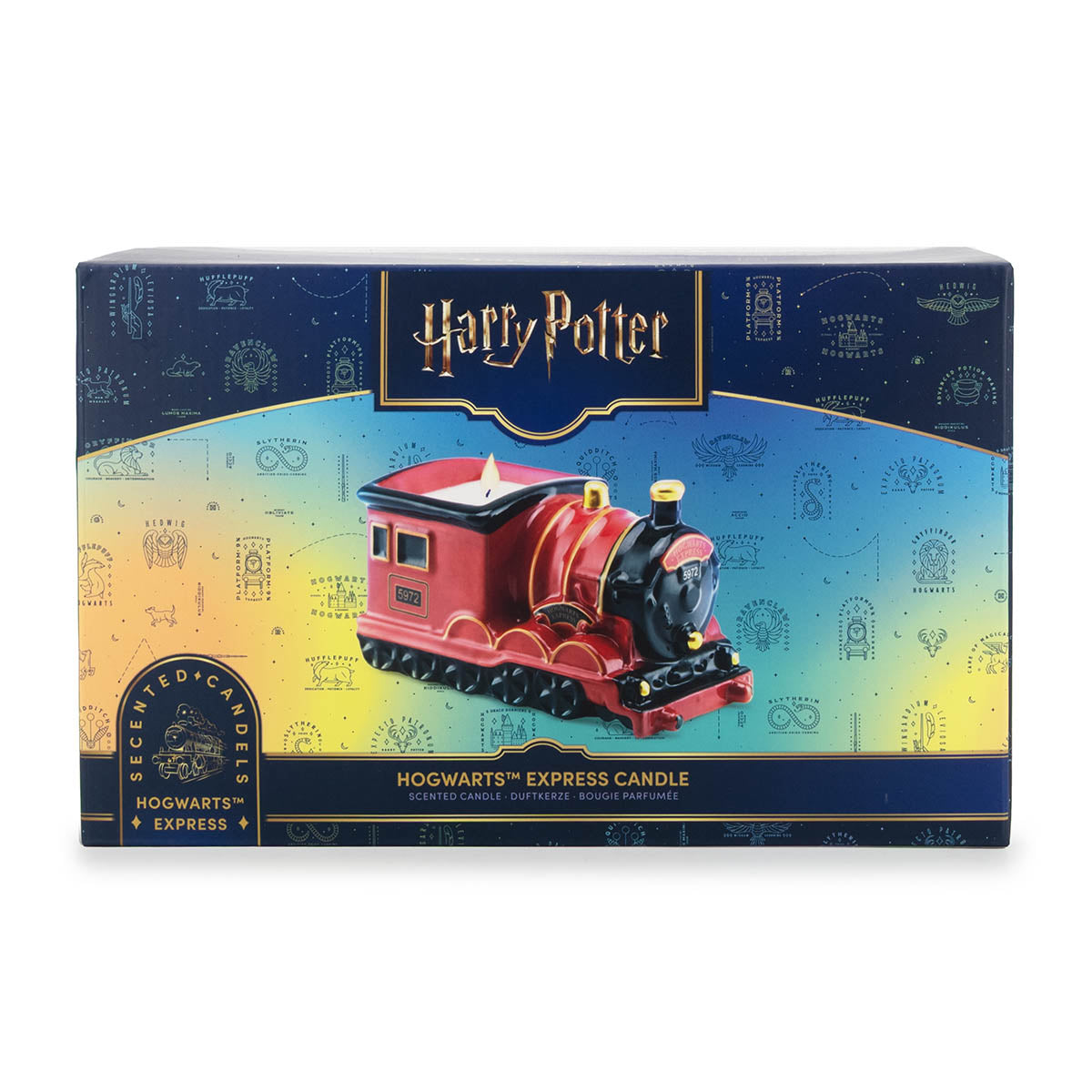 Dekorativer Verpackungskarton der Harry Potter Duftkerze Hogwarts Express. 