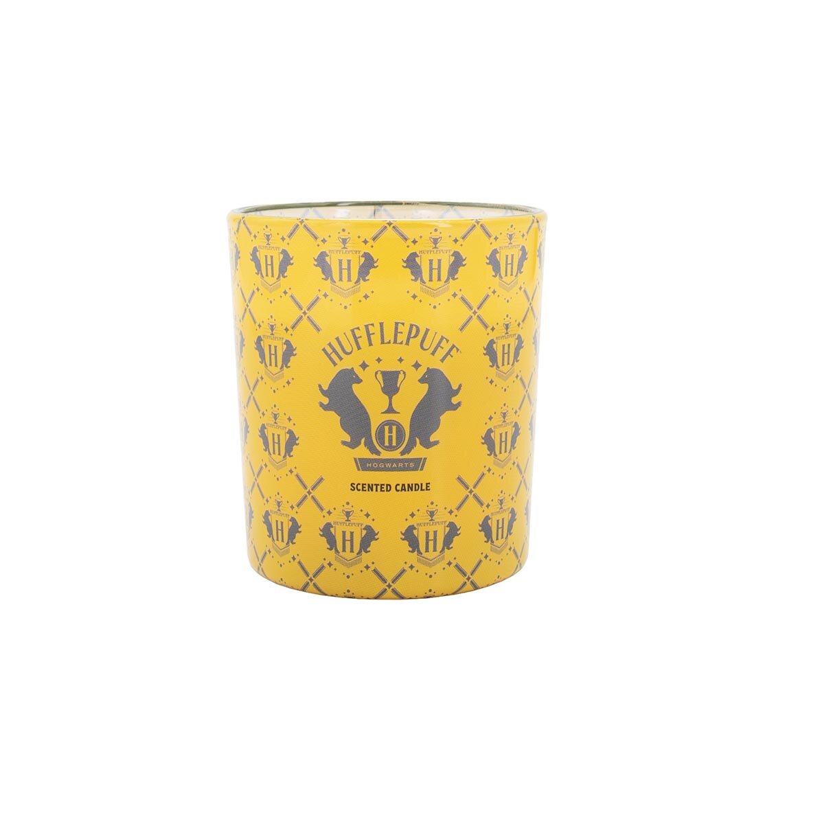 Harry Potter-Duftkerze Hufflepuff (135g) in gelb-schwarzen Glas mit schwarzen Schriftzug und Dachs-Wappen.