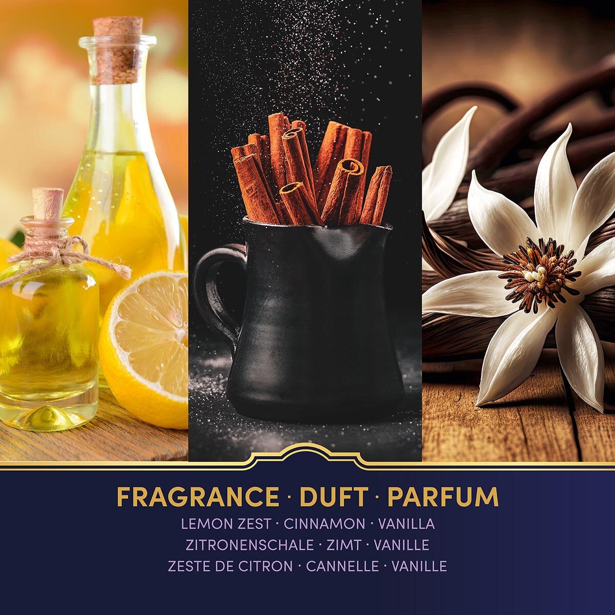 Duftnoten der veganen Duftkerze Gryffindor von Harry Potter: Zitronenschalen, Zimt & Vanille. Premium-Wellness-Duft für entspannte Momente, stilvolle Wohndeko & hochwertige Geschenkidee für Harry Potter-Fans.