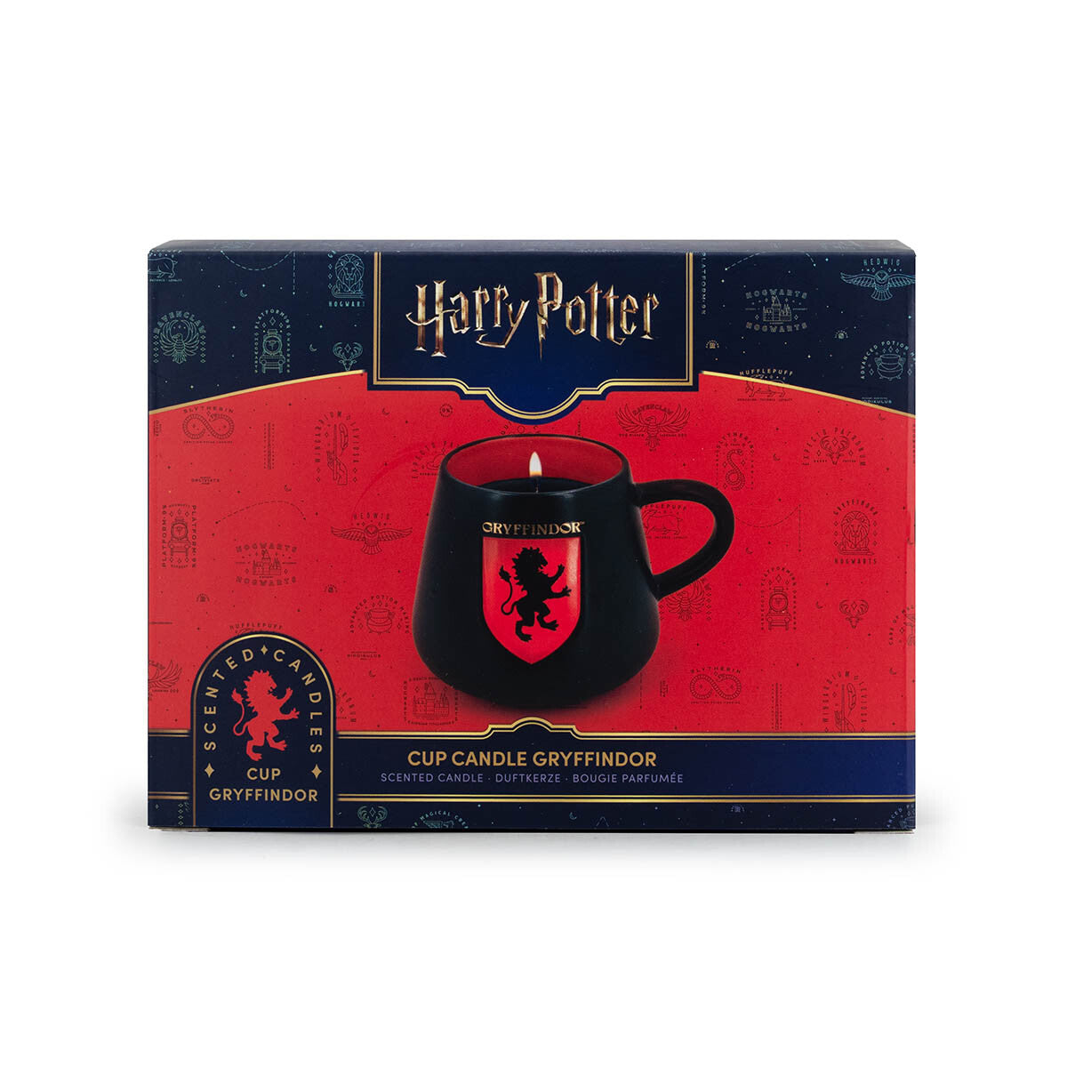 Harry Potter-Duftkerze Gryffindor (275g) in roter Keramiktasse, stehend in offiziellem roten Geschenkkarton.