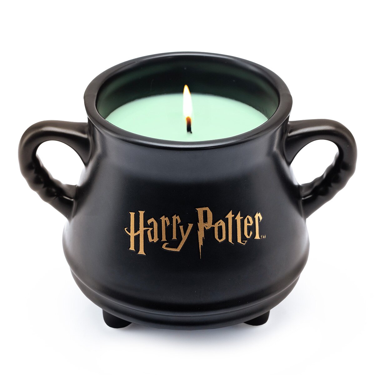 Harry Potter-Duftkerze Hexenkessel (230g) in schwarzer Keramiktasse mit goldenem Schriftzug und Gift-ggrünem Wachs.