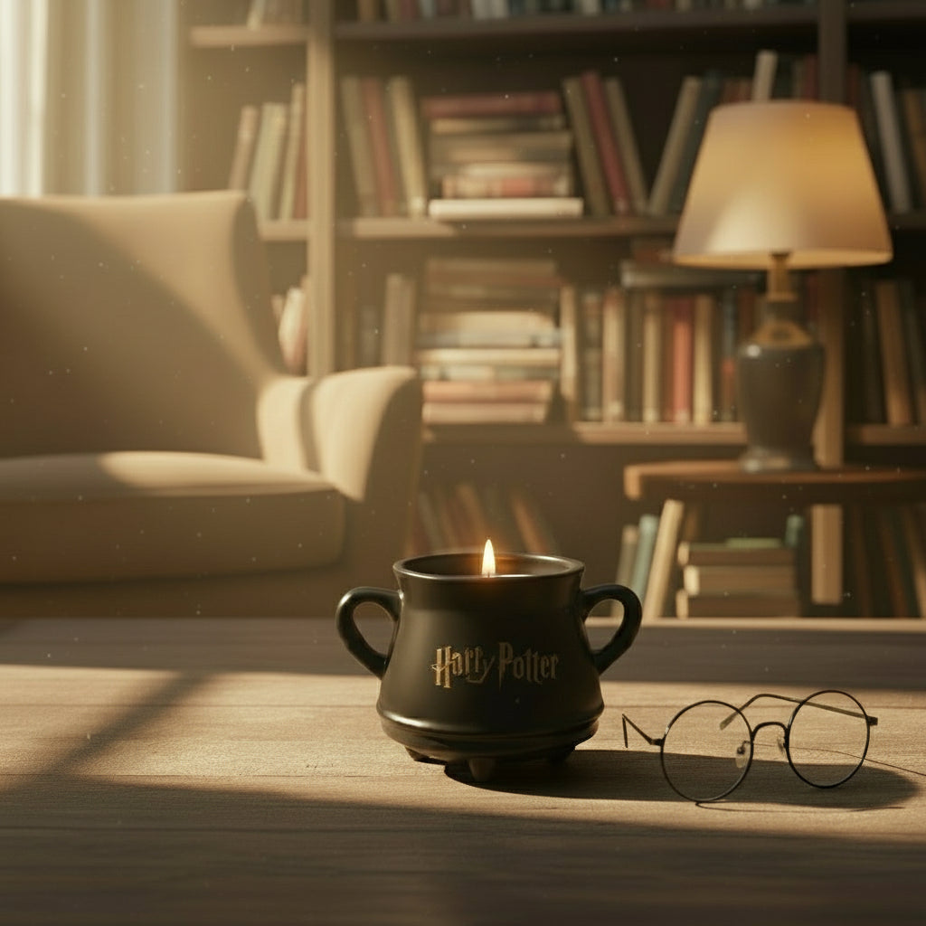 Harry Potter-Duftkerze Hexenkessel (230g) in schwarzer Keramik mit goldenem Harry Potter-Schriftzug, brennender Docht und schmelzendes Wachs.