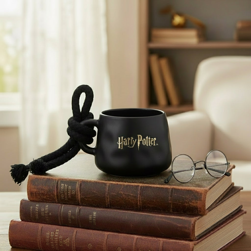 Harry Potter Duftkerze mit Keramiktasse und Holzdocht ‚Hogwarts‘ (200g) steht auf drei Büchern in einem gemütlichen Wohnzimmer. Neben der Duftkerze liegt eine runde Brille und im Hintergrund steht ein Bücherregal mit einem versteckten Schnatz. Perfekte Dekoration sowie Geschenkidee für Harry Potter-Fans.