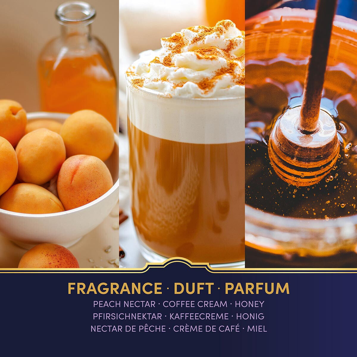 Duftnoten der veganen Duftkerze Hufflepuff von Harry Potter: Pfirsich, Kaffeecreme & Honig. Premium-Wellness-Duft für entspannte Momente, stilvolle Wohndeko & hochwertige Geschenkidee für Harry Potter-Fans.