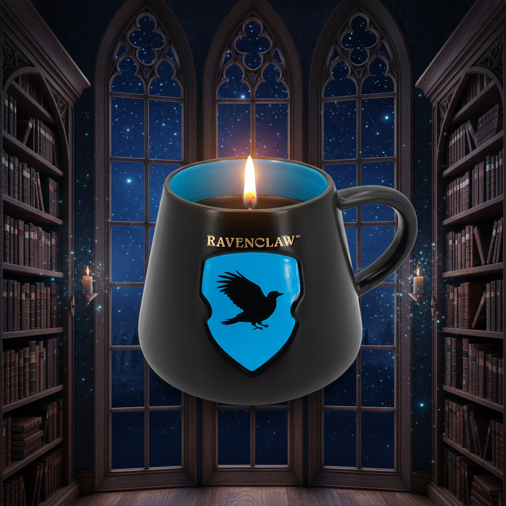 Harry Potter-Duftkerze Ravenclaw (275g) in schwarz-blauer Keramiktasse mit goldenem Schriftzug und Raben-Wappen. Duftkerze befindet sich in einer Bücherei mit großen Fenstern, durch die man den Sternenhimmel sieht. Der Docht, der Kerze, brennt.