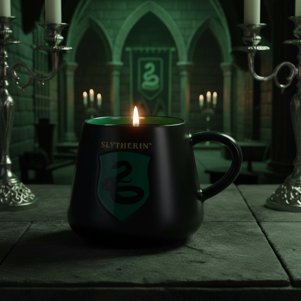 Harry Potter-Duftkerze Slytherin (275g) in schwarz-grüne Keramiktasse mit goldenem Schriftzug und Schlangen-Wappen. Kerze befindet sich in einem Gewölbe von Hogwarts, der Docht brennt .