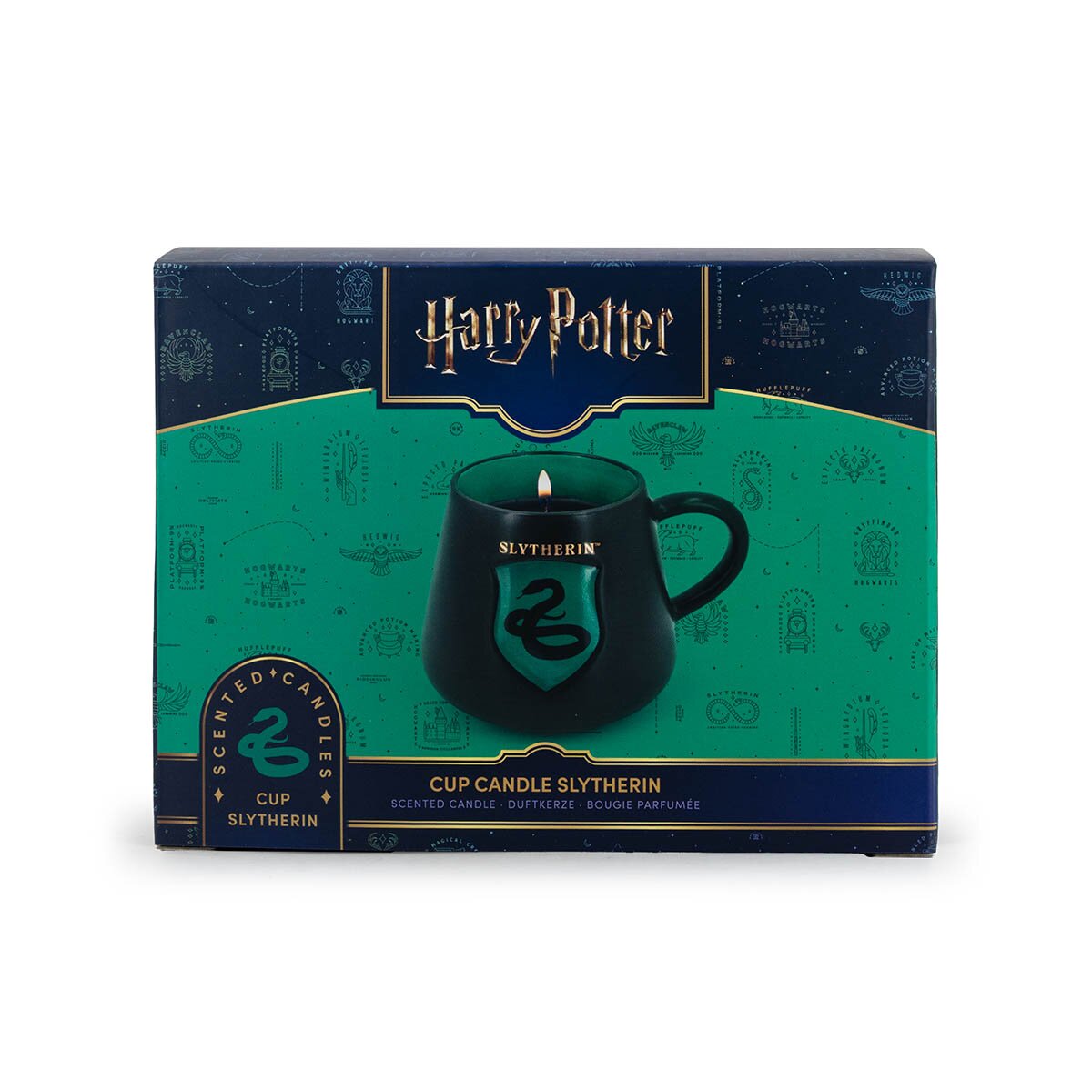 Harry Potter-Duftkerze Slytherin (275g) in grüner Keramiktasse, stehend in offiziellem grünen Geschenkkarton.