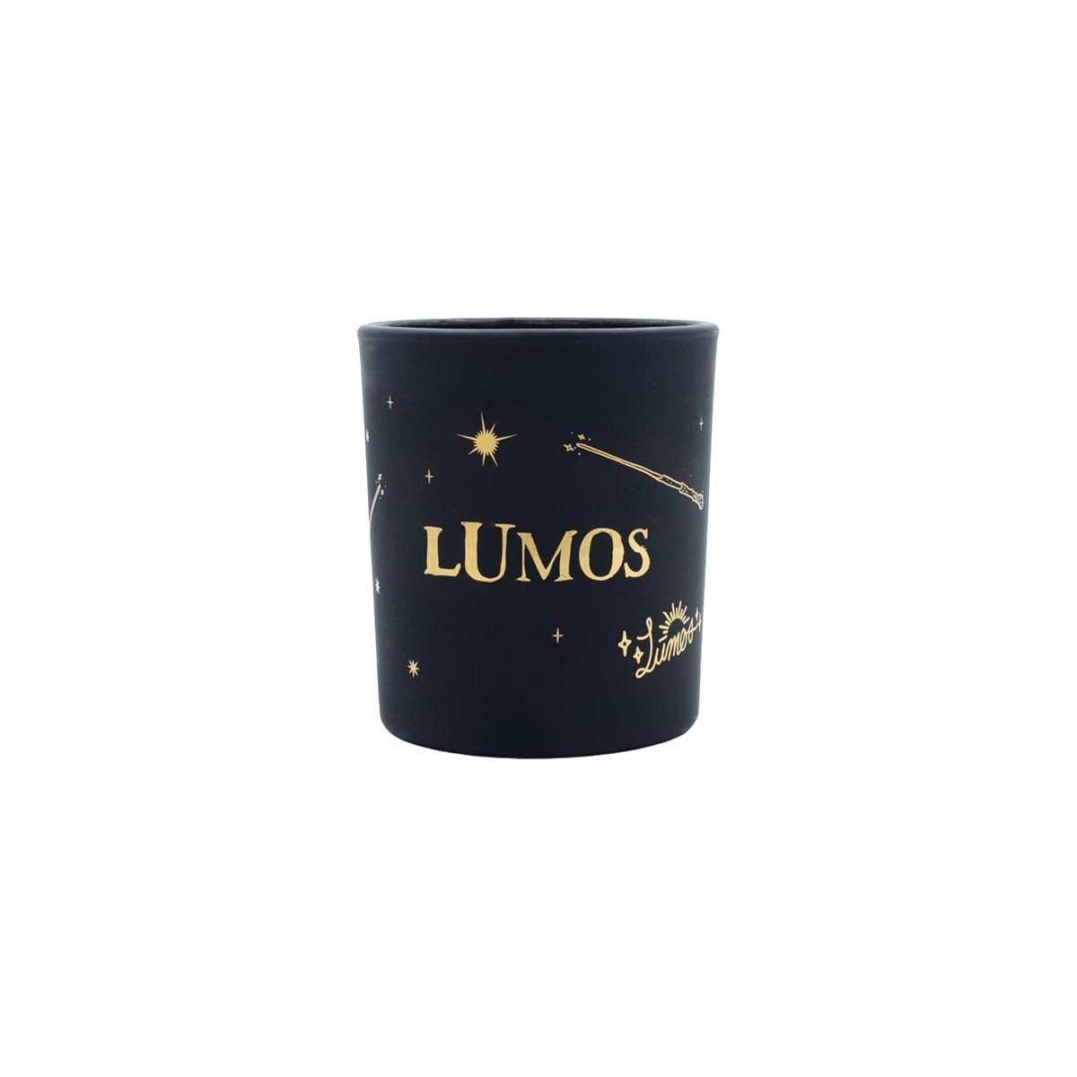 Harry Potter Duftkerze ‚Lumos Black‘ (135g) – Vorderseite der schwarzen, offiziellen Lizenzkerze mit goldenem Zauberstab und Schriftzug "Lumos" – ideale Deko sowie Geschenkidee für Harry Potter-Fans.