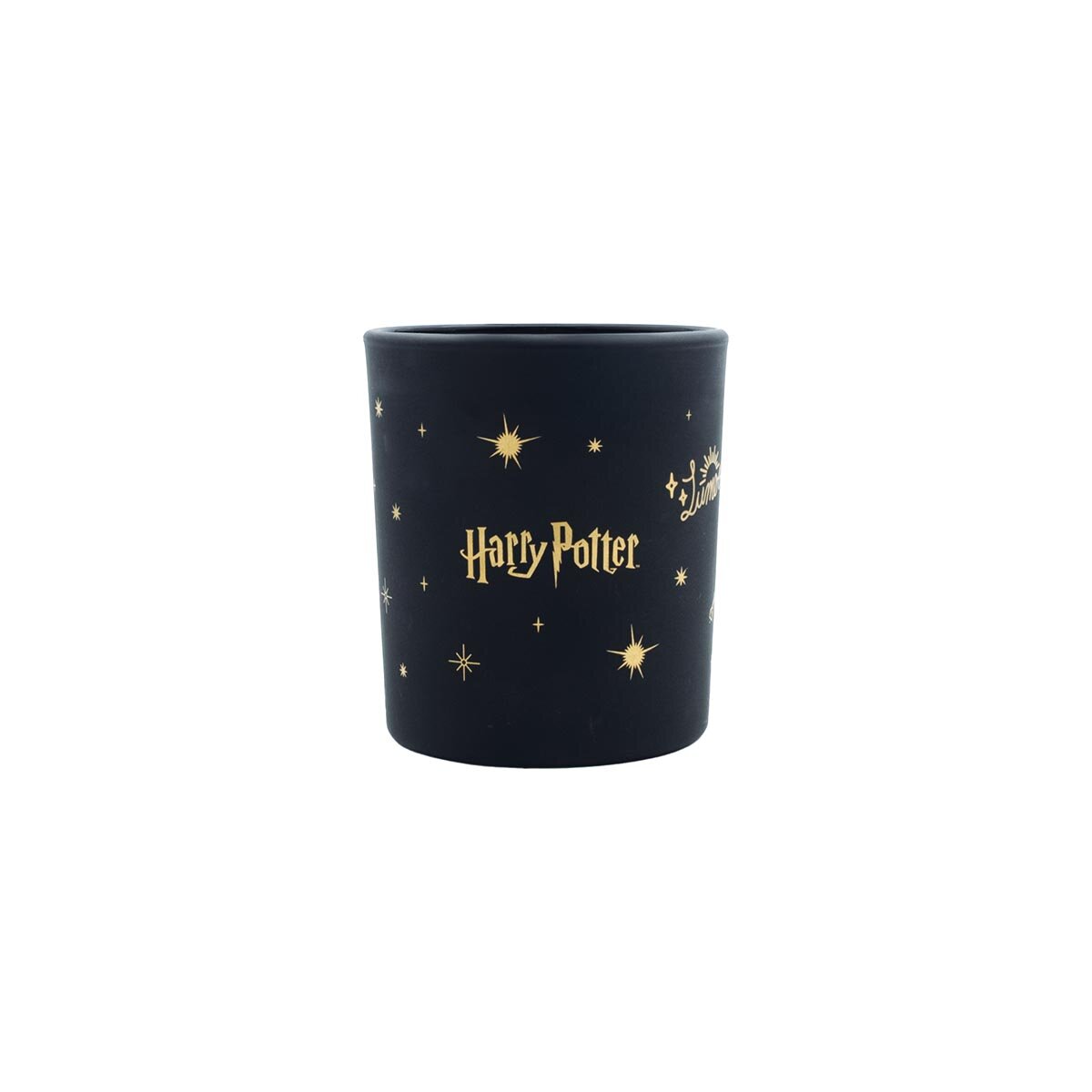 Harry Potter Duftkerze ‚Lumos Black‘ (135g) – Rückseite der schwarzen, offiziellen Lizenzkerze mit goldenem Harry-Potter- Schriftzug – perfekte Deko sowie Geschenkidee für Harry Potter-Fans.
