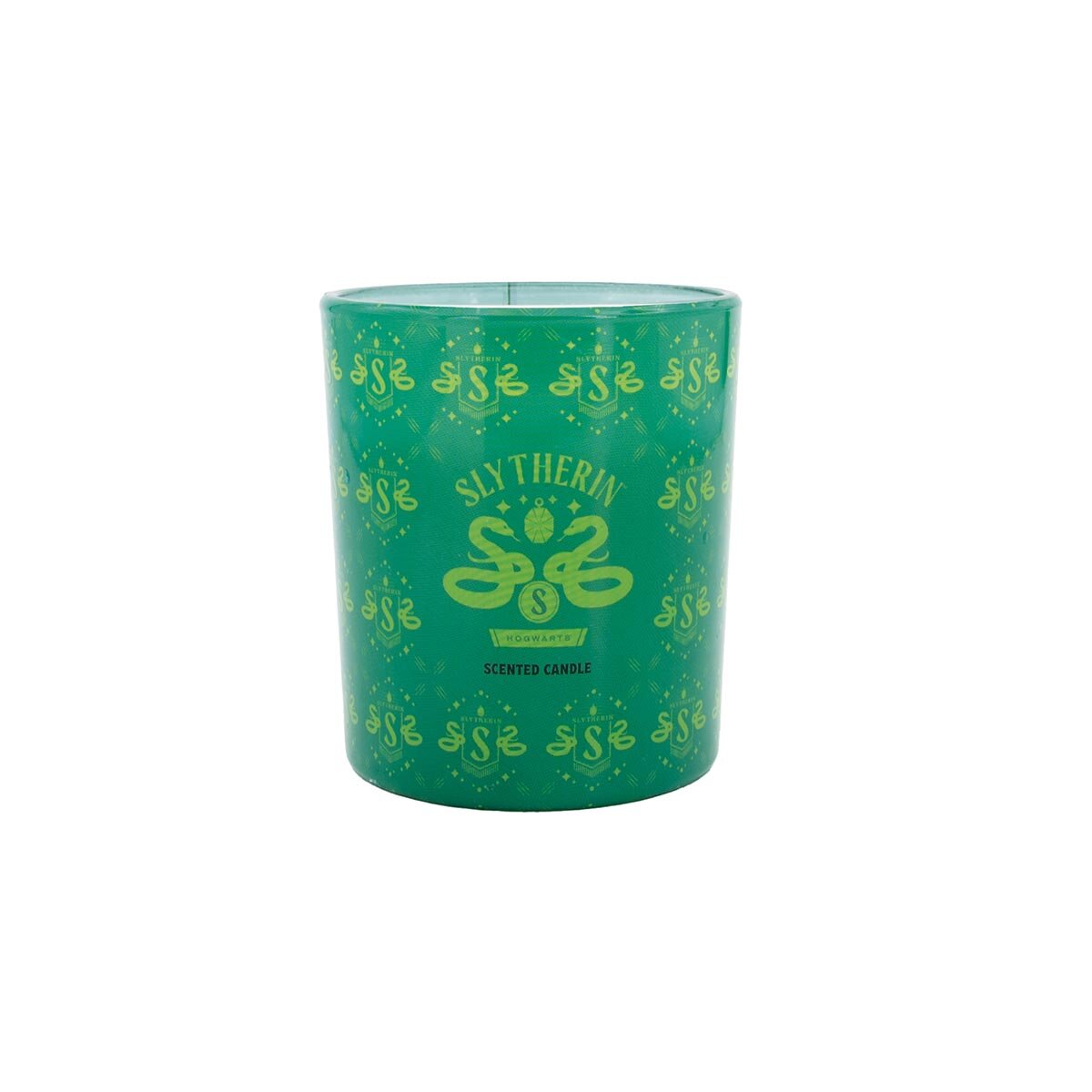 Harry Potter-Duftkerze Slytherin (135g) in grünem Glas mit Schriftzug und Schlangen-Wappen.