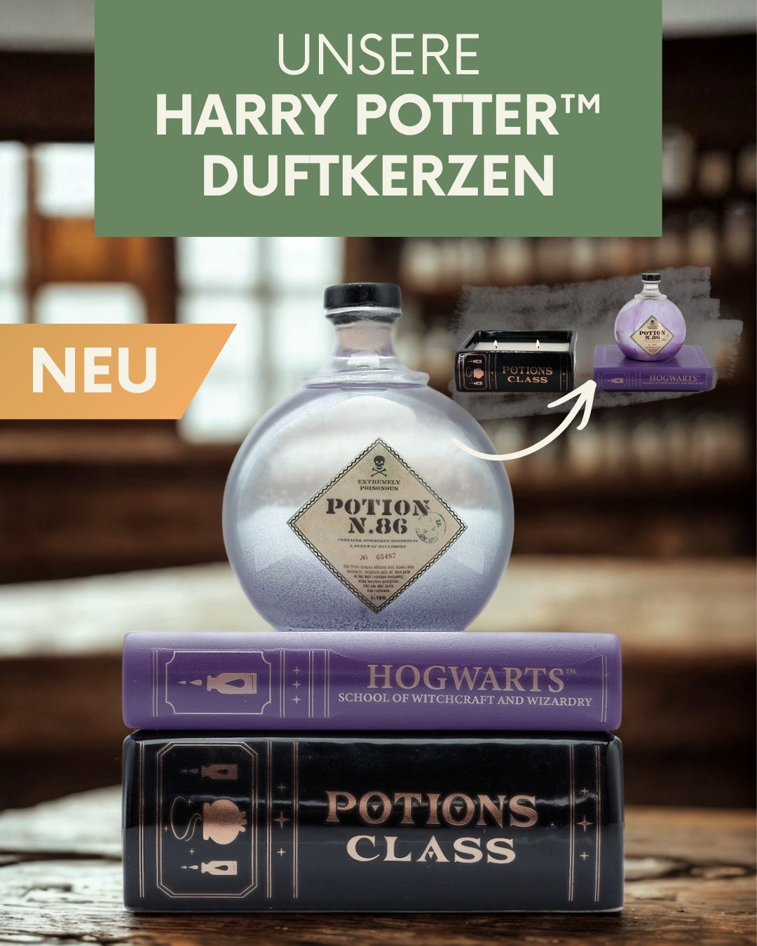 Offizielle Harry Potter Duftkerzen im magischen Design: Potion N.86 Flakon und Hogwarts Zauberspruch-Bücher.
