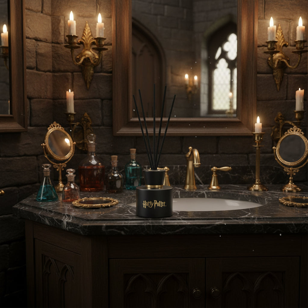 Harry Potter Raumduft 100ml für bis zu 6 Wochen Duft – luxuriöser schwarzer Raumduft mit schwarzen Stäbchen & goldenem Schriftzug im Badezimmer in Hogwarts, hochwertige Deko & Geschenkidee.