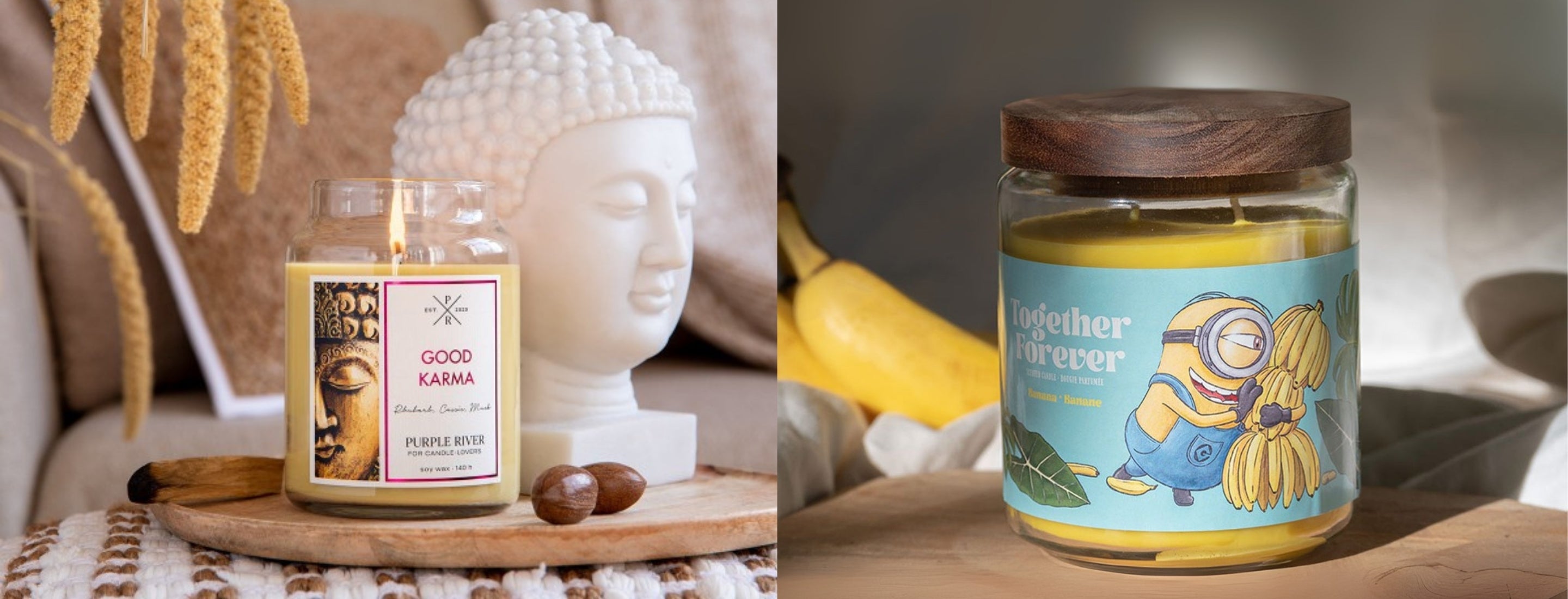 Der Header des Duftkerzen-Onlineshops von CandleVibe zeigt zwei Kerzen. Eine Kerze steht für hochwertige und kreative Deko-Ideen und die andere Kerze für liebevolle und besondere Geschenk-Ideen. Beide befinden sich in einem stilvollen Ambiente und stehen für hochwertige Qualität und lange Brenndauer.