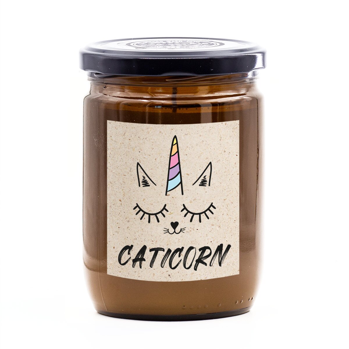 Handgemachte vegane mad candle Duftkerze (360g) im braunen Glas – mit frischem Zitronen-Lavendel-Duft und Aufdruck ‚Caticorn‘. Schönes Geschenk aus Sojawachs für Freundinnen, Mädchen und Katzen- & Einhornfans.