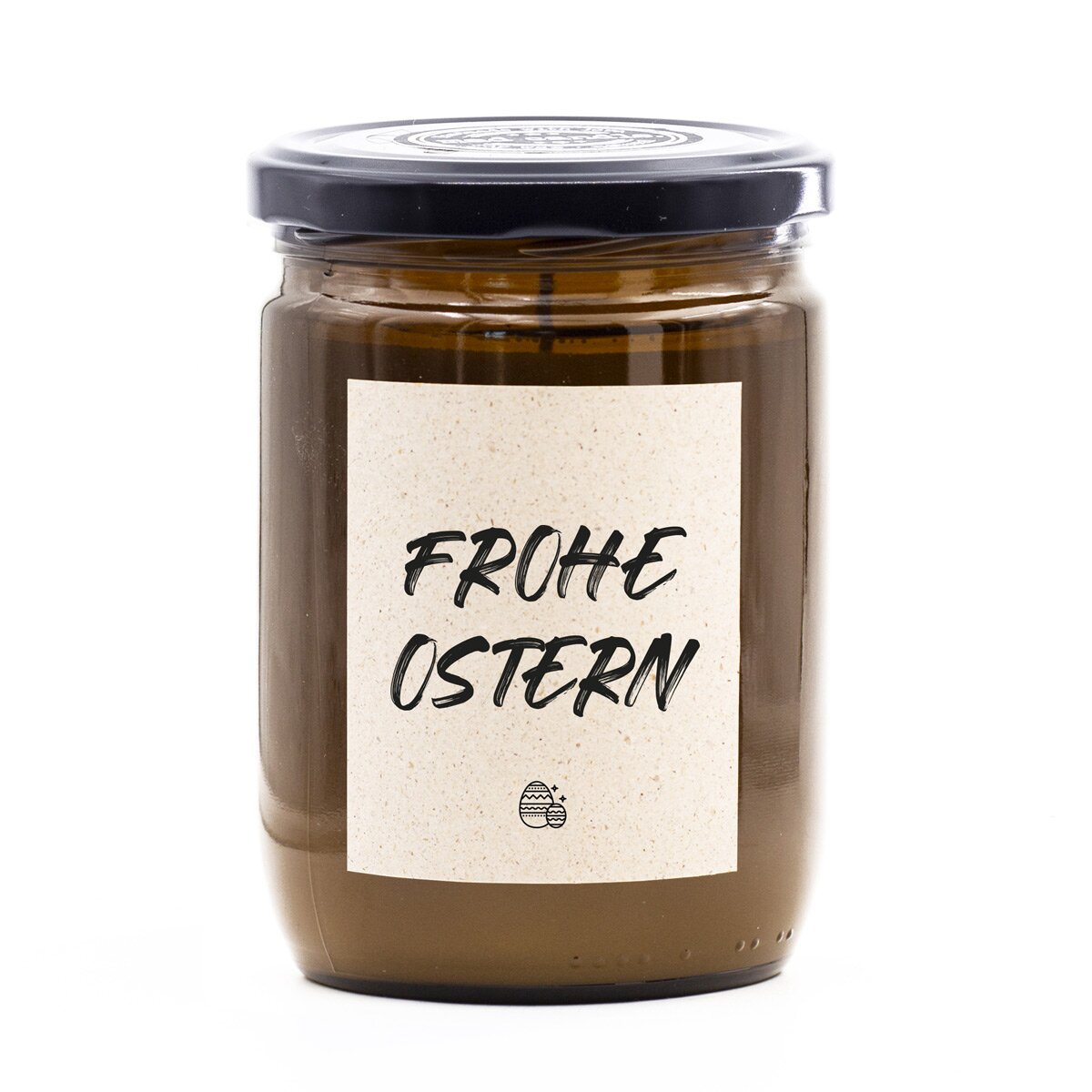 Handgemachte vegane mad candle Duftkerze (360g) im braunen Glas – mit frischem Zitronen-Lavendel-Duft und Aufdruck ‚Frohe Ostern‘. Ideal als Überraschung im Osternest!