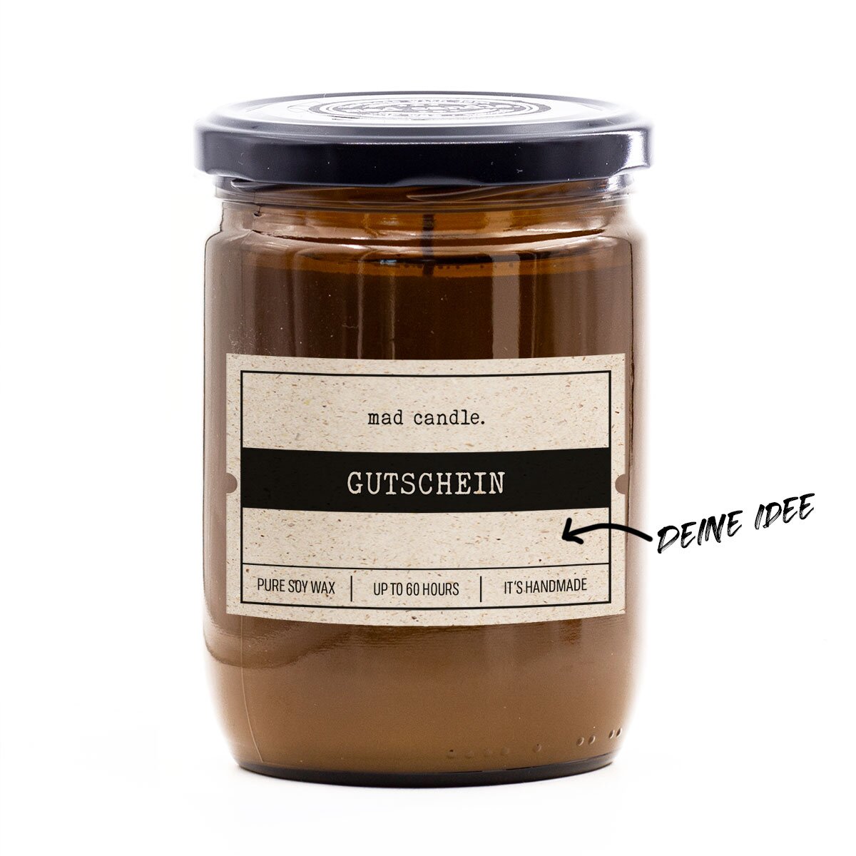 Handgemachte vegane mad candle Duftkerze (360g) im braunen Glas – mit frischem Zitronen-Lavendel-Duft und Aufdruck ‚Gutschein‘. Geschenk aus mit einer individuell personalisierbaren Fläche.