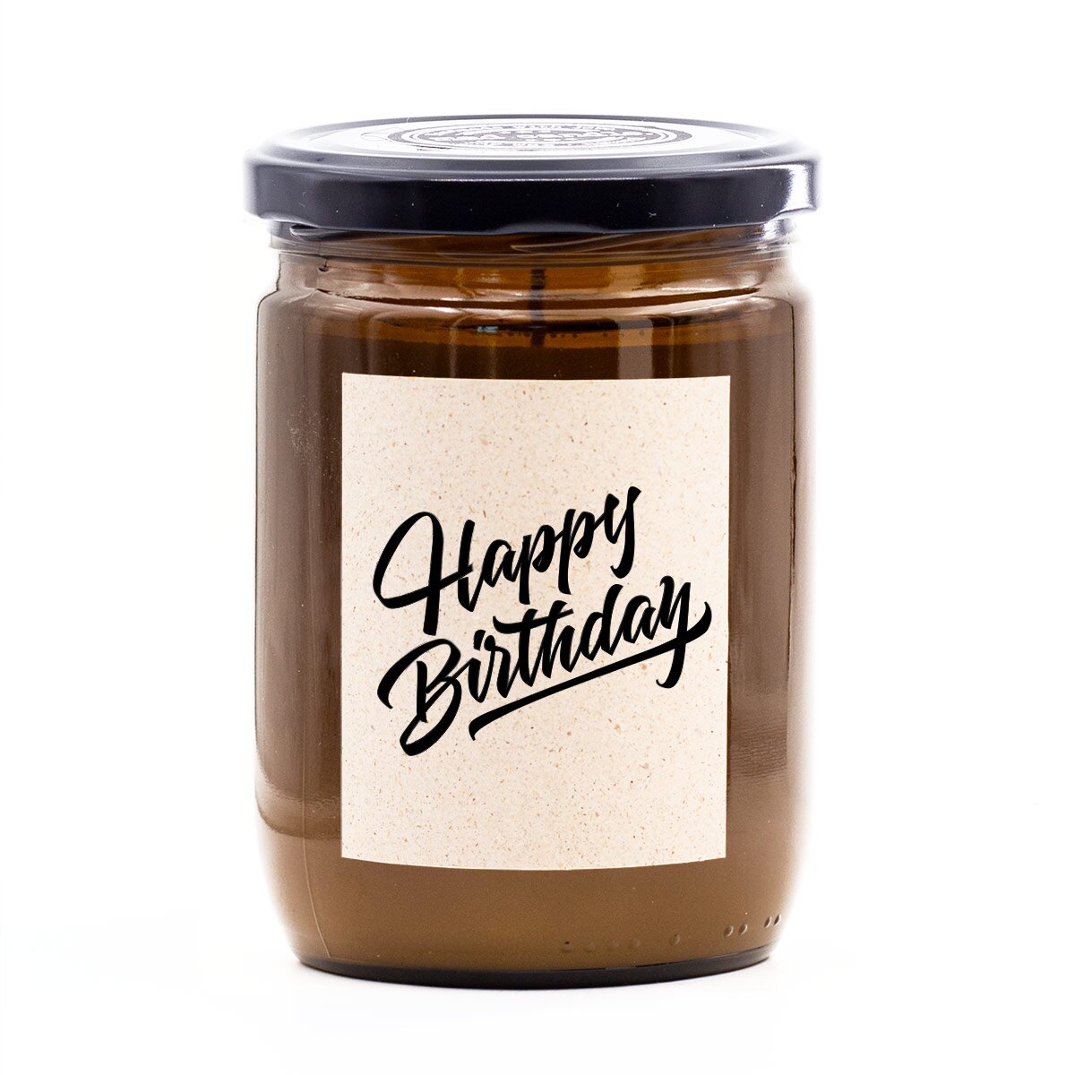 Handgemachte vegane mad candle Duftkerze (360g) im braunen Glas – mit frischem Zitronen-Lavendel-Duft und Aufdruck ‚Happy Birthday‘. Perfekt als Geschenk für den Partner, Freunde und Familie.