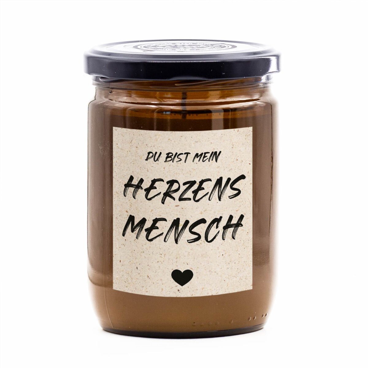 Produktbild der mad candle Duftkerze ‚Du bist mein Herzensmensch‘ – handgemachte Sojawachs Duftkerze im braunen Glas (360g) mit Zitronen-Lavendel-Duft. Perfekt für alle, die jemanden sagen wollen, wie toll sie sind.
