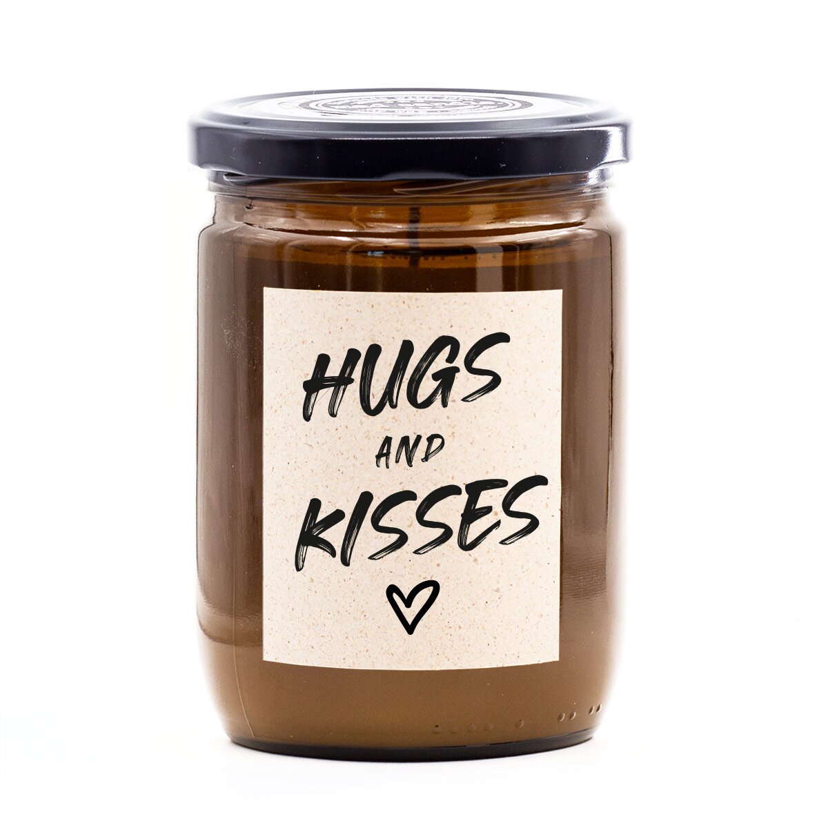 Handgemachte vegane mad candle Duftkerze (360g) im braunen Glas – mit frischem Zitronen-Lavendel-Duft und Aufdruck ‚Hugs and Kisses‘. Liebevolles Geschenk aus Sojawachs für Partner, Freunde oder Familie.