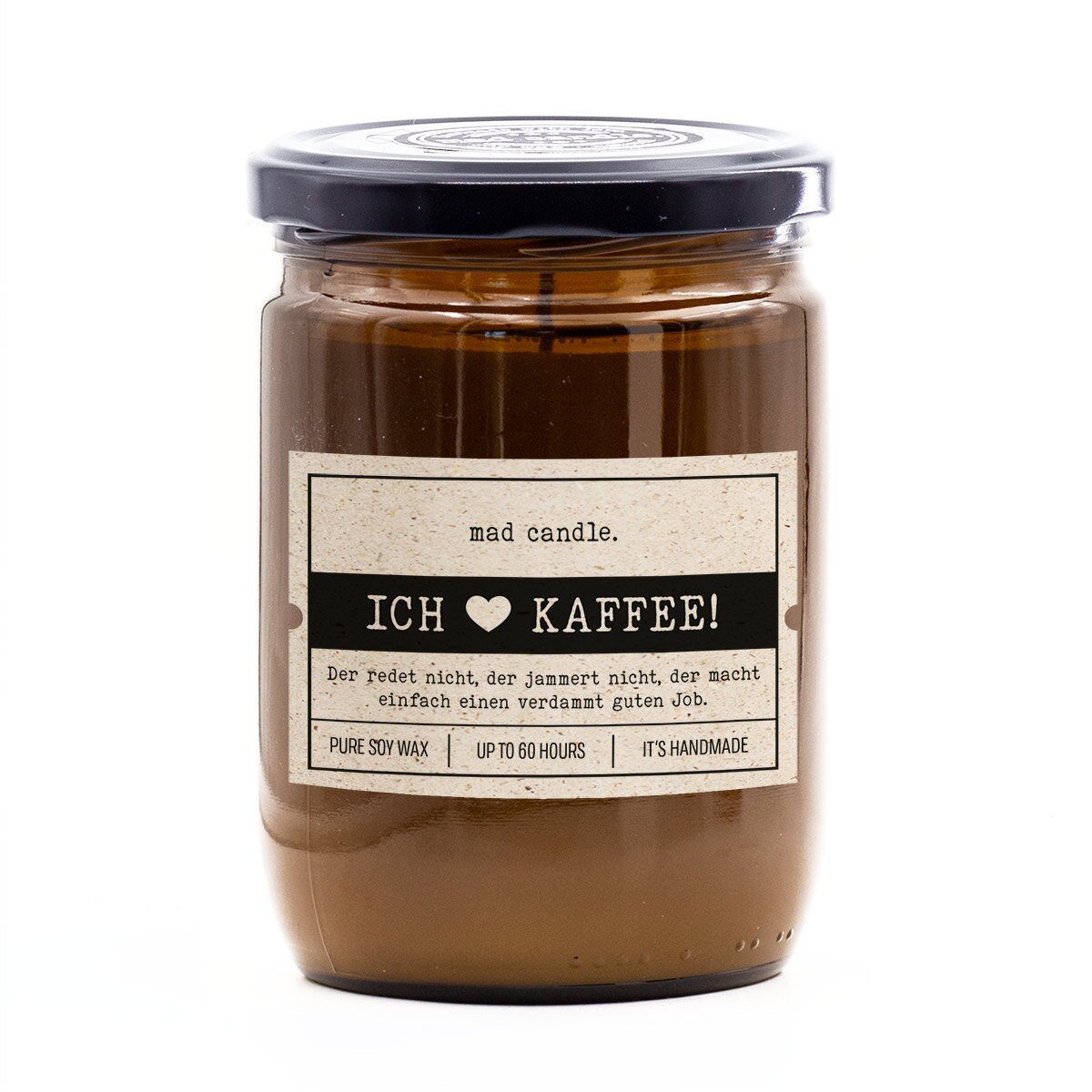 Handgemachte vegane mad candle Duftkerze (360g) im braunen Glas – mit frischem Zitronen-Lavendel-Duft und Aufdruck ‚Ich liebe Kaffee!‘. Witziges Geschenk aus Sojawachs für Kollegen und Kaffee-Liebhaber.