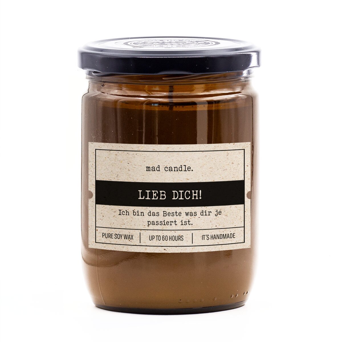 Handgemachte vegane mad candle Duftkerze (360g) im braunen Glas – mit frischem Zitronen-Lavendel-Duft und Aufdruck ‚Lieb dich‘. Witziges Geschenk aus Sojawachs für Partner, Frau oder Freundin.