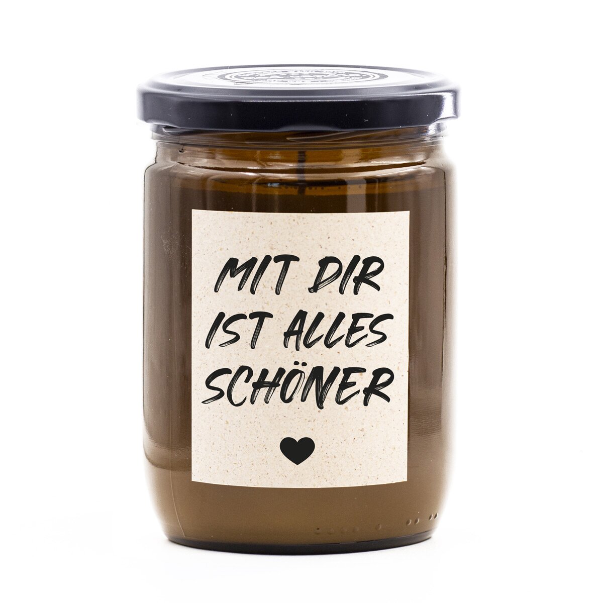 Handgemachte vegane mad candle Duftkerze (360g) im braunen Glas – mit frischem Zitronen-Lavendel-Duft und Aufdruck ‚Mit dir ist alles schöner‘. Liebevolles Geschenk aus Sojawachs zum Valentinstag.