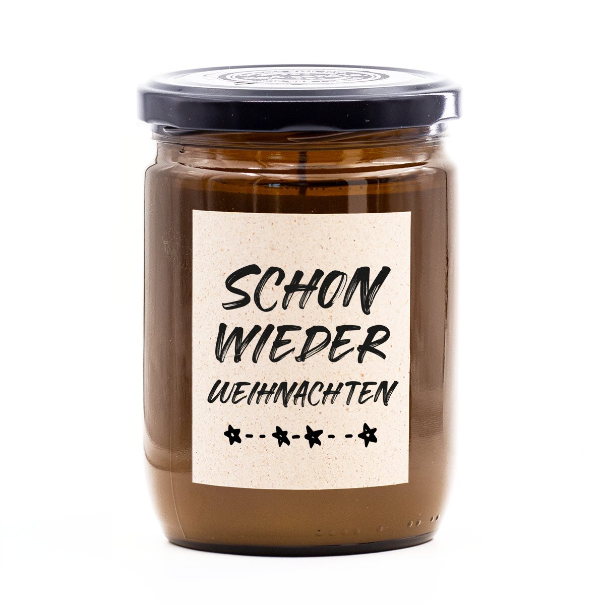 Handgemachte vegane mad candle Duftkerze (360g) im braunen Glas – mit frischem Zitronen-Lavendel-Duft und Aufdruck ‚Schon wieder Weihnachten‘. Witziges Geschenk aus Sojawachs für 
Weihnachtsfans & -muffel.