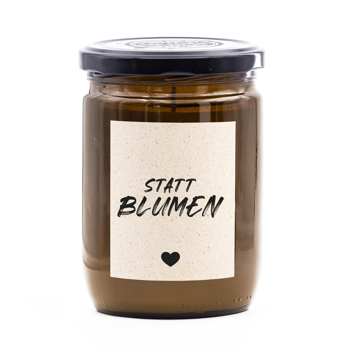 Handgemachte vegane mad candle Duftkerze (360g) im braunen Glas – mit frischem Zitronen-Lavendel-Duft und Aufdruck ‚Statt Blumen‘. Witziges Geschenk aus Sojawachs und perfekte Alternative zum Blumenstrauß!