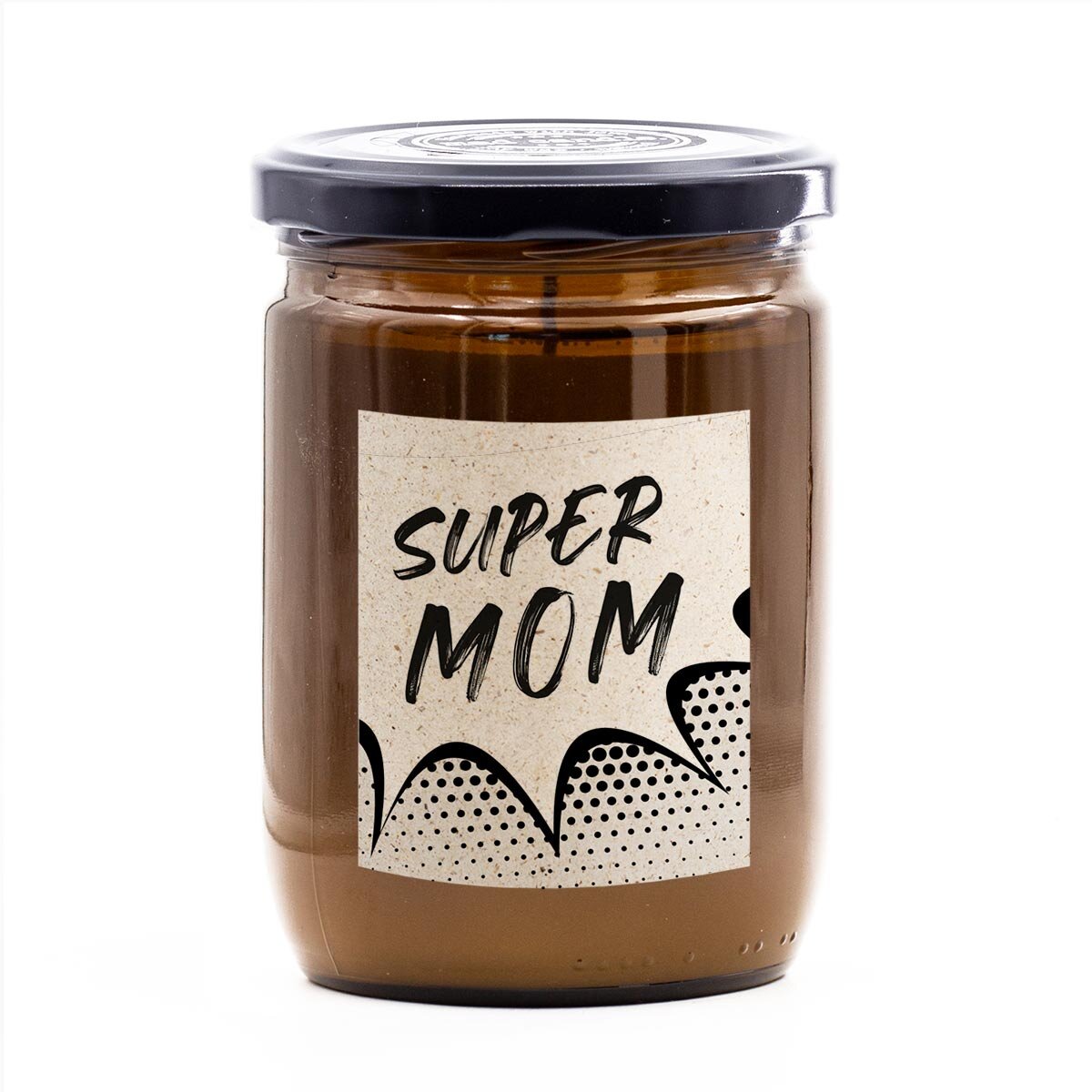 Handgemachte vegane mad candle Duftkerze (360g) im braunen Glas – mit frischem Zitronen-Lavendel-Duft und Aufdruck ‚Super Mom‘. Liebevolles Geschenk aus Sojawachs zum Muttertag.