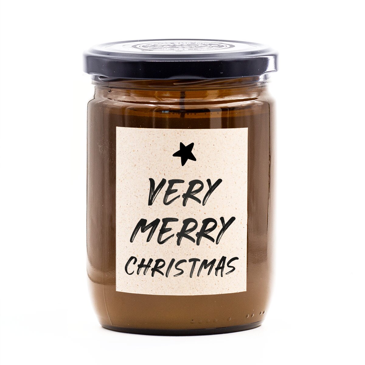 Handgemachte vegane mad candle Duftkerze (360g) im braunen Glas – mit frischem Zitronen-Lavendel-Duft und Aufdruck ‚Very Merry Christmas‘. Perfekte Geschenk für die Weihnachtszeit.