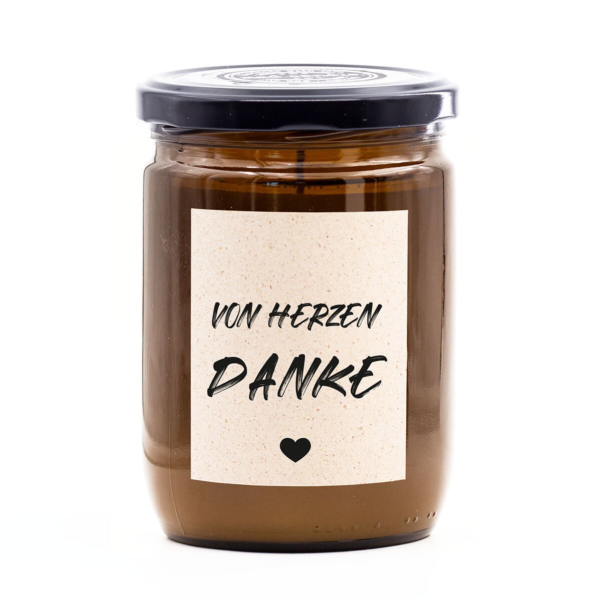 Handgemachte vegane mad candle Duftkerze (360g) im braunen Glas – mit frischem Zitronen-Lavendel-Duft und Aufdruck ‚von Herzen Danke‘. Liebevolles Dankeschön aus Sojawachs für Freunde, Kollegen und Familie.