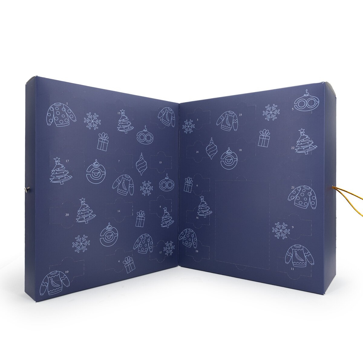 Geöffneter Minions Adventskalender mit 24 veganen Duftwachsen und einer Teelicht Duftlampe. Innerer Bereich zeigt die 24 Fenster des Kalenders mit weihnachtlichen & winterlichen Motiven.