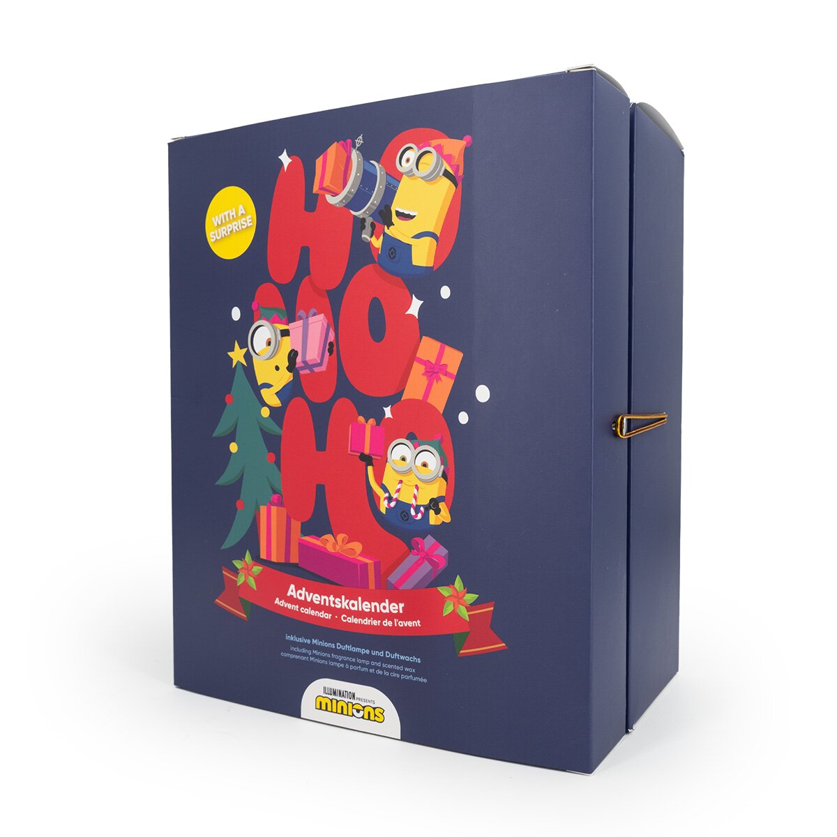 Geschlossener Minions Adventskalender mit 24 veganen Duftwachsen und einer Teelicht Duftlampe. Seitliche Ansicht des Kalenders.