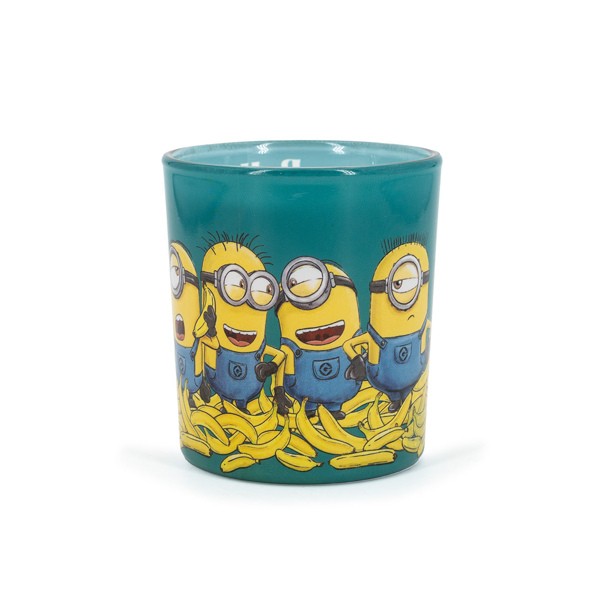 Minions Mini-Duftkerze ‚Bello‘ (110g) – Seitliche Ansicht der offiziellen Lizenzkerze mit türkisfarbenem Hintergrund, mehreren Minions – darunter ein grimmig schauender – vor Bananen, ideales Wohnaccessoire mit Humor.
