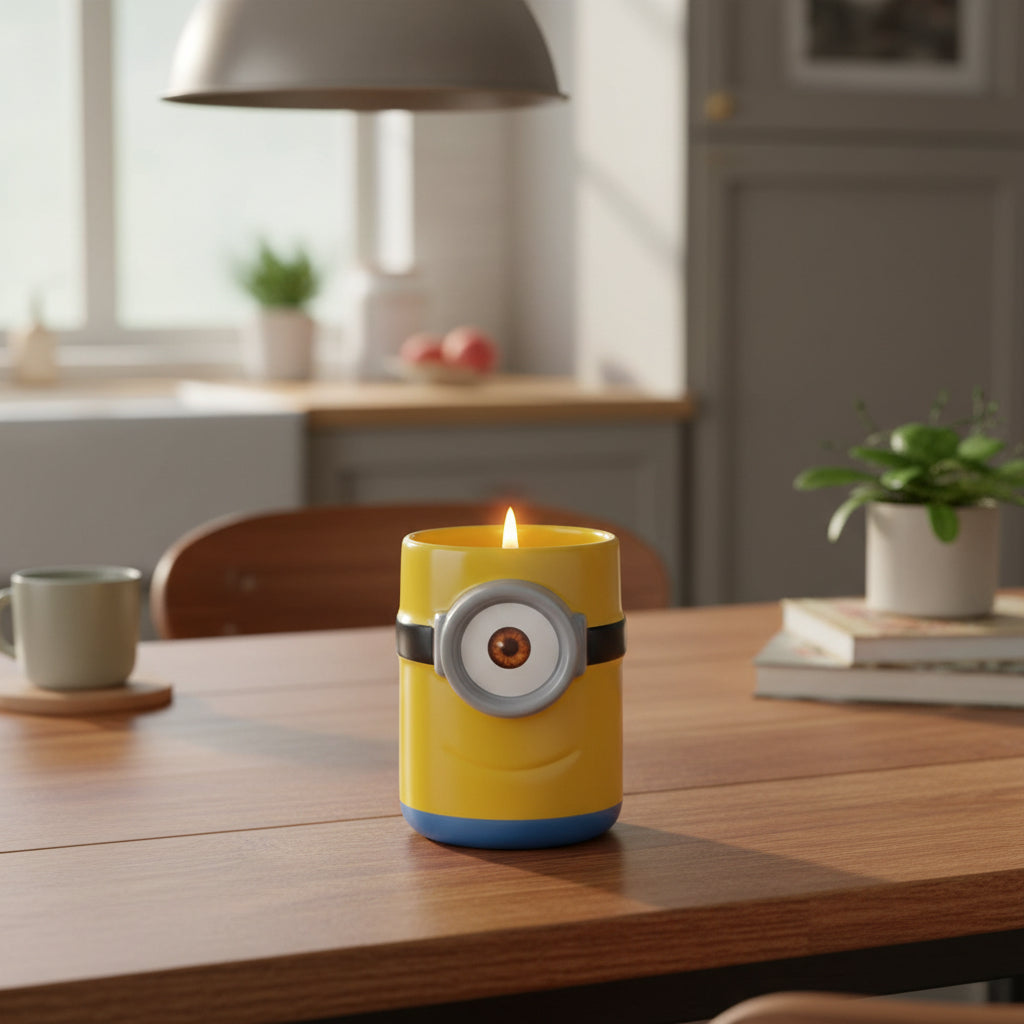 Gelbe Minions Sammeltasse "Carl" steht auf einem Esstisch in einer Küche. Der Docht und das Wachs in der Tasse brennen ruhig ab.
