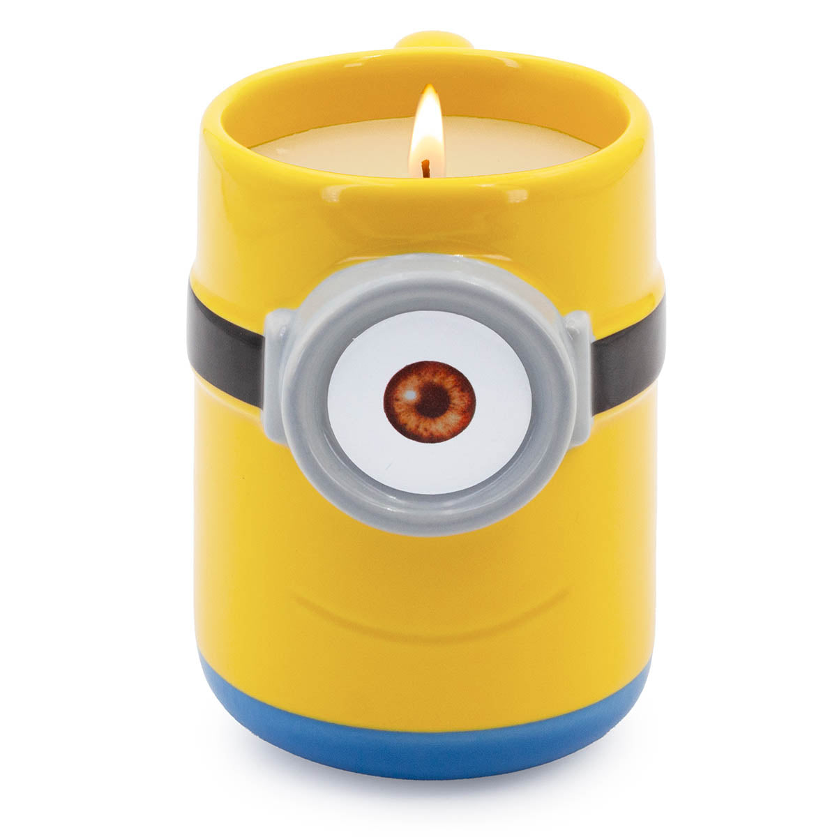 Gelbe Minions Keramiktasse mit dem lachenden Gesicht von Carl als Duftkerze (200g). Hochwertige Tassenkerze mit weißem Wachs – ein ideales Geschenk für Minions-Fans.