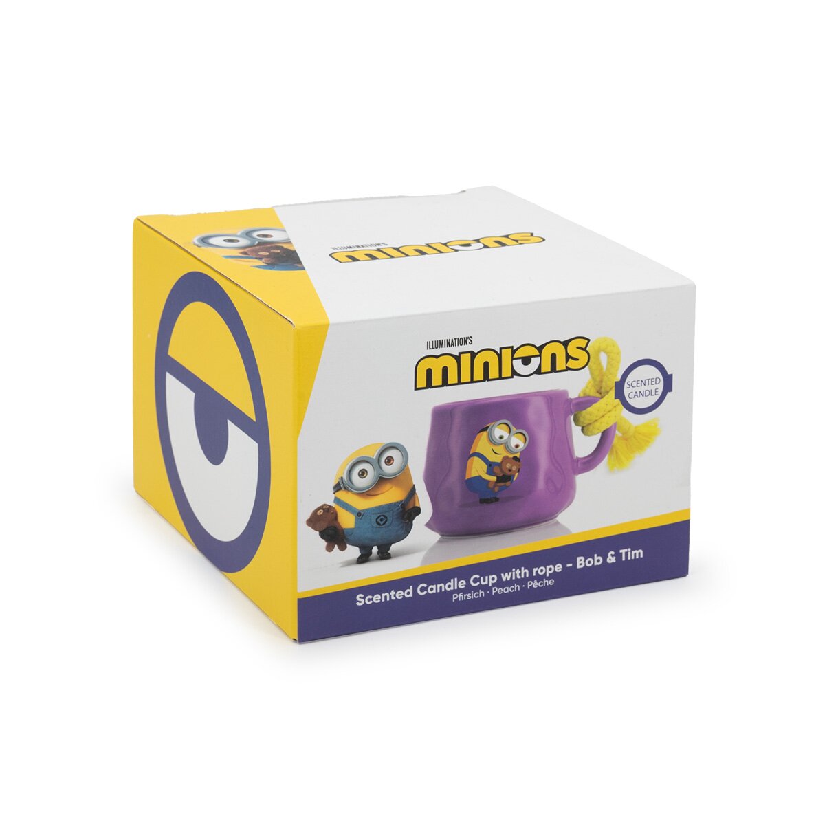 Minions Duftkerze Bob & Tim (200g) in lila Keramiktasse, stehend in offiziellem Geschenkkarton. Als Motiv ist Bob und Tim grinsend neben dem Produkt abgebildet.