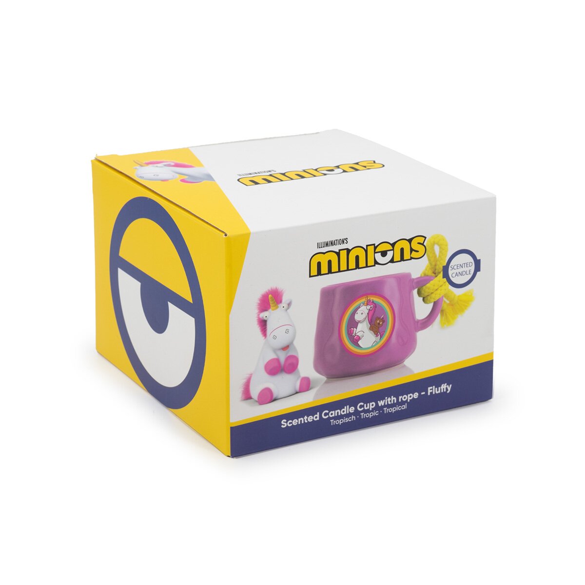 Minions Duftkerze Fluffy (200g) in roter Keramiktasse, stehend in offiziellem Geschenkkarton. Als Motiv ist das Einhorn Fluffy sitzend neben dem Produkt abgebildet.