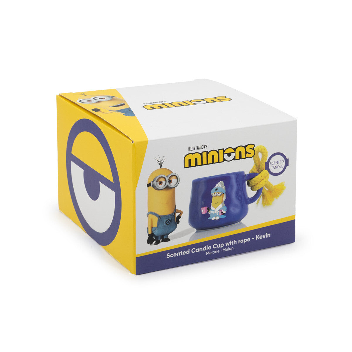 Minions Duftkerze Kevin (200g) in blauer Keramiktasse, stehend in offiziellem Geschenkkarton. Als Motiv ist der Minion Kevin grinsend neben dem Produkt abgebildet.