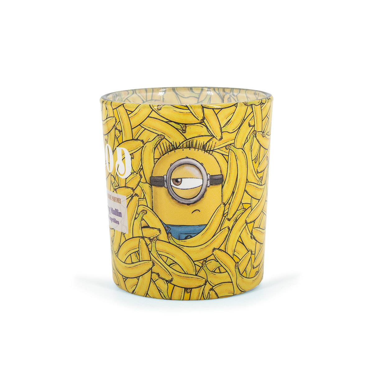 Minions Duftkerze ‚Mood‘ (110g) – Rückansicht der offiziellen Lizenzkerze mit gelbem Bananen-Muster und finster blickendem Minion-Design. Vegane Mini-Duftkerze als außergewöhnliches Sammlerstück für echte Minions-Fans.