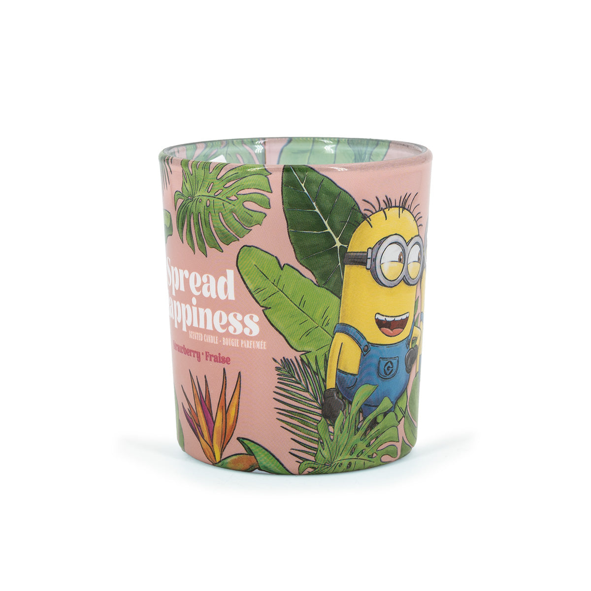 Minions Duftkerze ‚Spread Happiness‘ (110g) – Seitenansicht der offiziellen Lizenzkerze mit lachendem Minion-Design, Palmen und orangefarbenem Hintergrund. Tropische Wellness-Duftkerze im Glas, perfekt als Geschenk oder Deko für Filmfans.