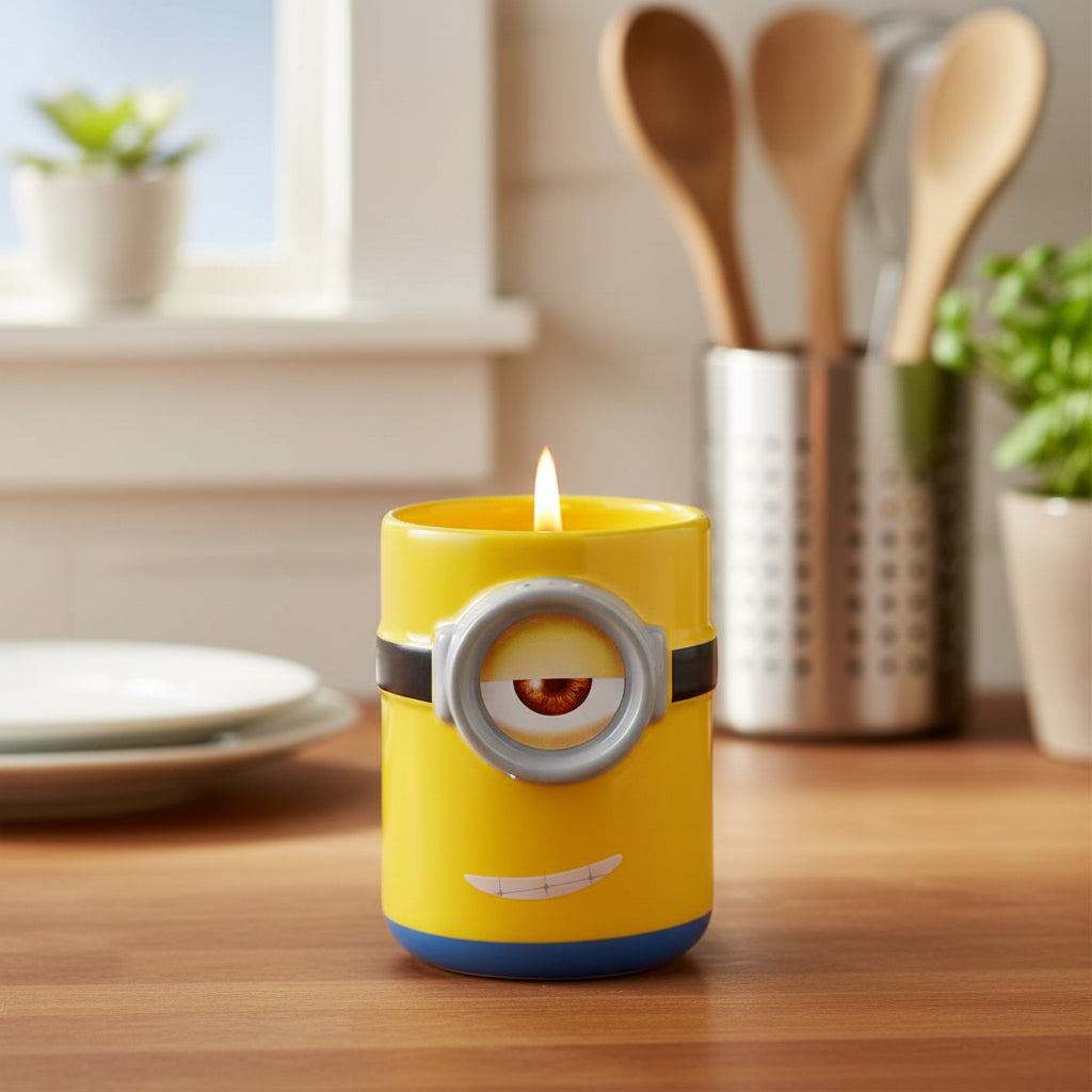 Gelbe Minions Duftkerze "Stuart" mit der Sammeltasse steht in einer Küche auf der Arbeitsplatte. Die Kerze brennt ruhig ab. 