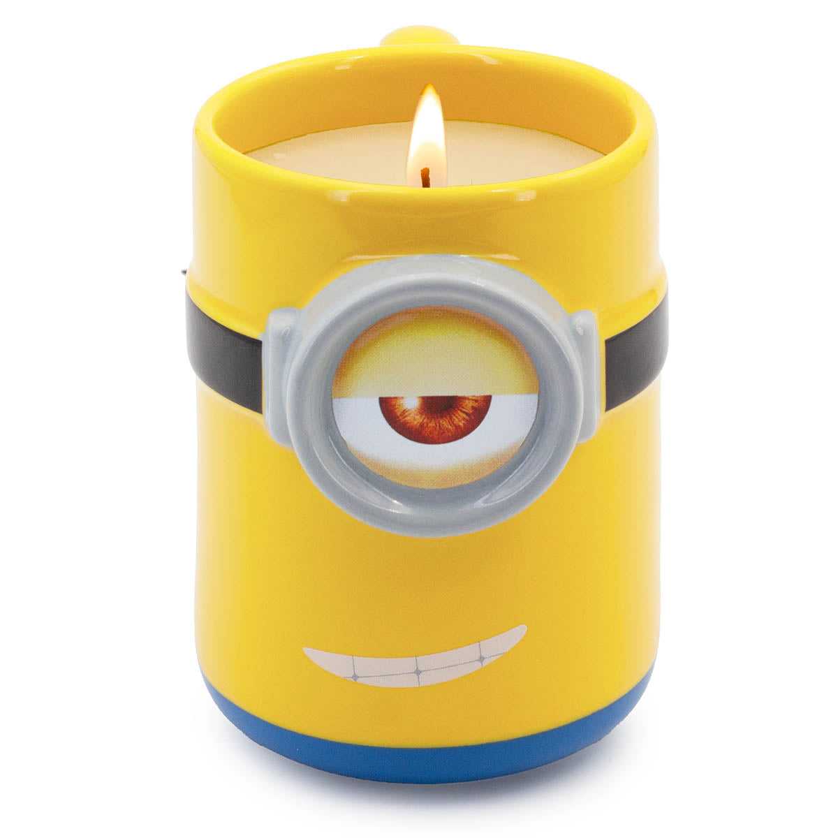 Gelbe Minions Sammlertasse mit dem grinsenden Gesicht von Stuart als Duftkerze (200g). Hochwertige Tassenkerze mit weißem Wachs – ein ideales Geschenk für Minions-Fans.