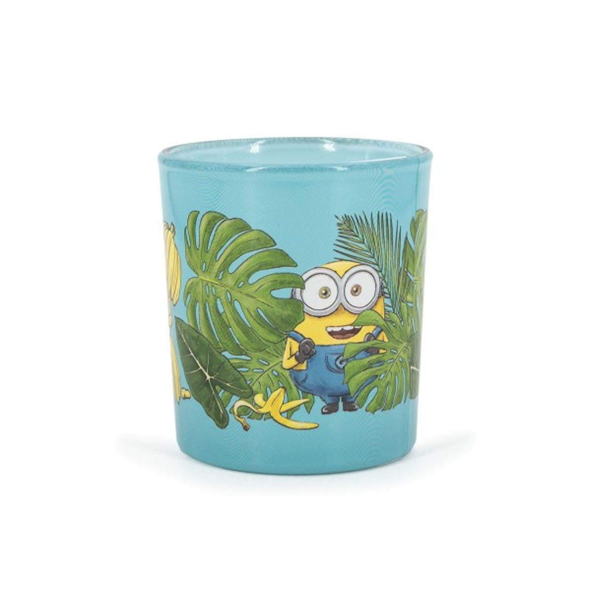 Minions Mini-Duftkerze ‚Together Forever‘ (110g) – Rückseite der offiziellen Lizenzkerze mit farbenfrohem Minions-Motiv, Palmenblättern und einer Bananenstaude. Vegane Duftkerze im Glas als stylische Deko oder Geschenk für Fans.