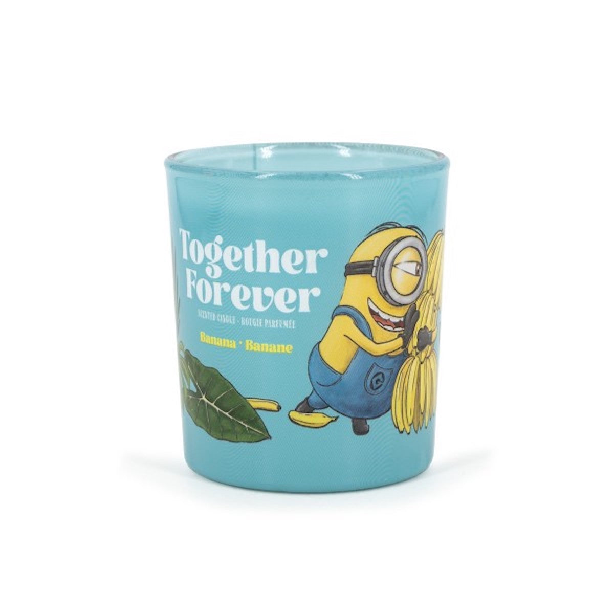 Minions Mini-Duftkerze ‚Together Forever‘ (110g) – seitliche Ansicht der offiziellen Lizenzkerze mit farbenfrohem Minions-Motiv, Palmenblättern und einer Bananenstaude. Vegane Duftkerze im Glas als stylische Deko oder Geschenk für Fans.
