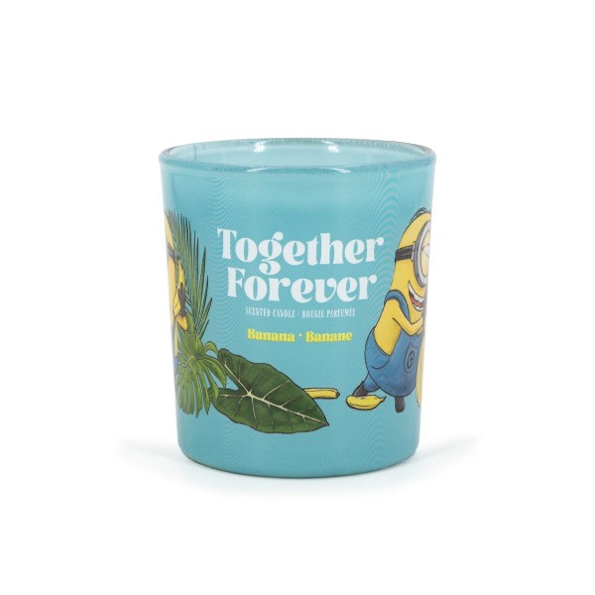 Minions Mini-Duftkerze ‚Together Forever‘ (110g) – Vorderseite der offiziellen Lizenzkerze mit farbenfrohem Minions-Motiv, Palmenblättern und einer Bananenstaude. Vegane Duftkerze im Glas als stylische Deko oder Geschenk für Fans.