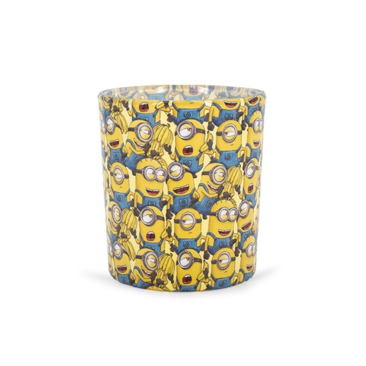 Minions Duftkerze ‚Yellow Power‘ (110g) – Vorderseite der offiziellen Lizenzkerze mit vielen Minions nebeneinander. Vegane Duftkerze im Glas als stylische Deko oder Geschenk für Fans.