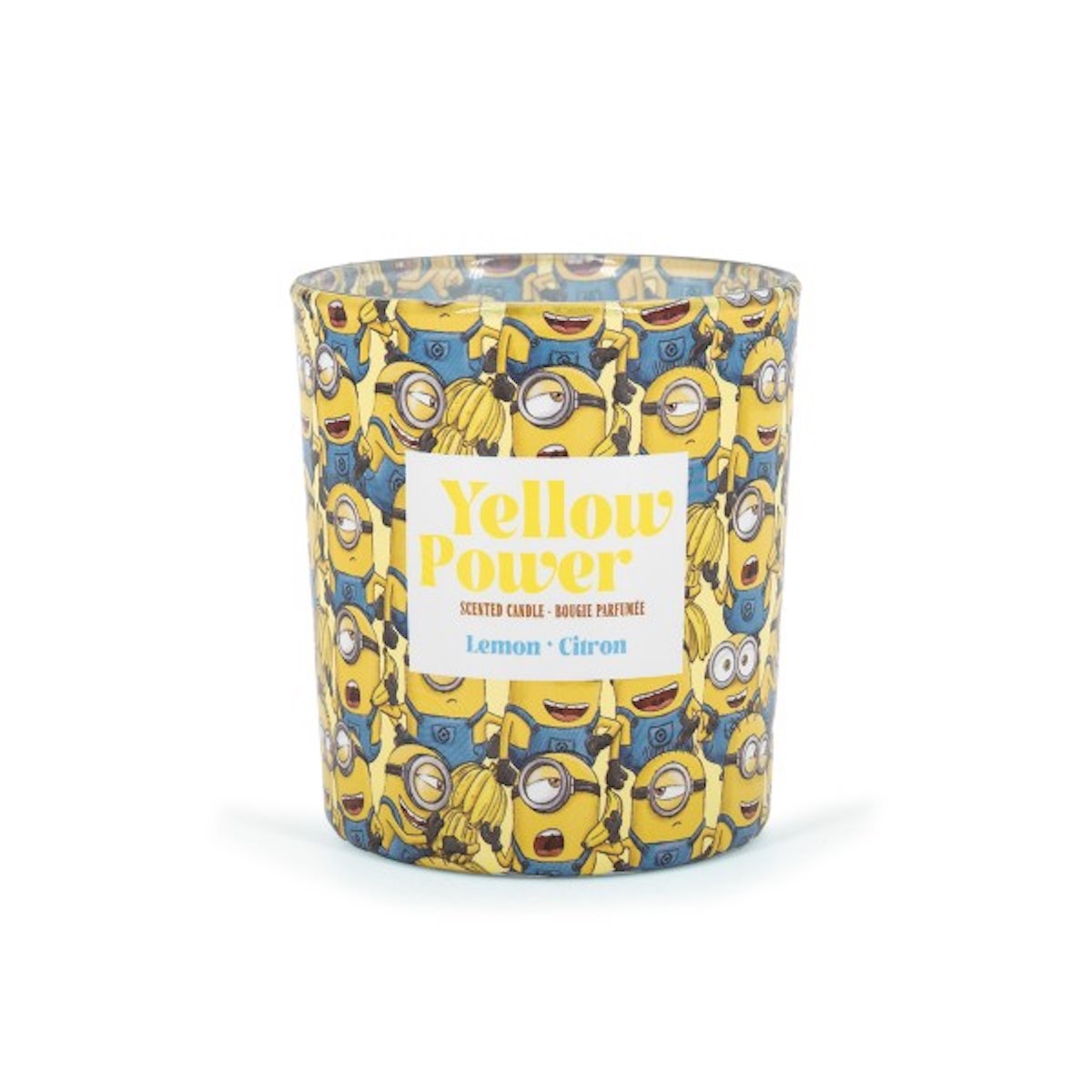 Minions Duftkerze ‚Yellow Power‘ (110g) – Vorderansicht der offiziellen Lizenzkerze mit vielen Minions nebeneinander. Vegane Duftkerze im Glas als stylische Deko oder Geschenk für Fans.