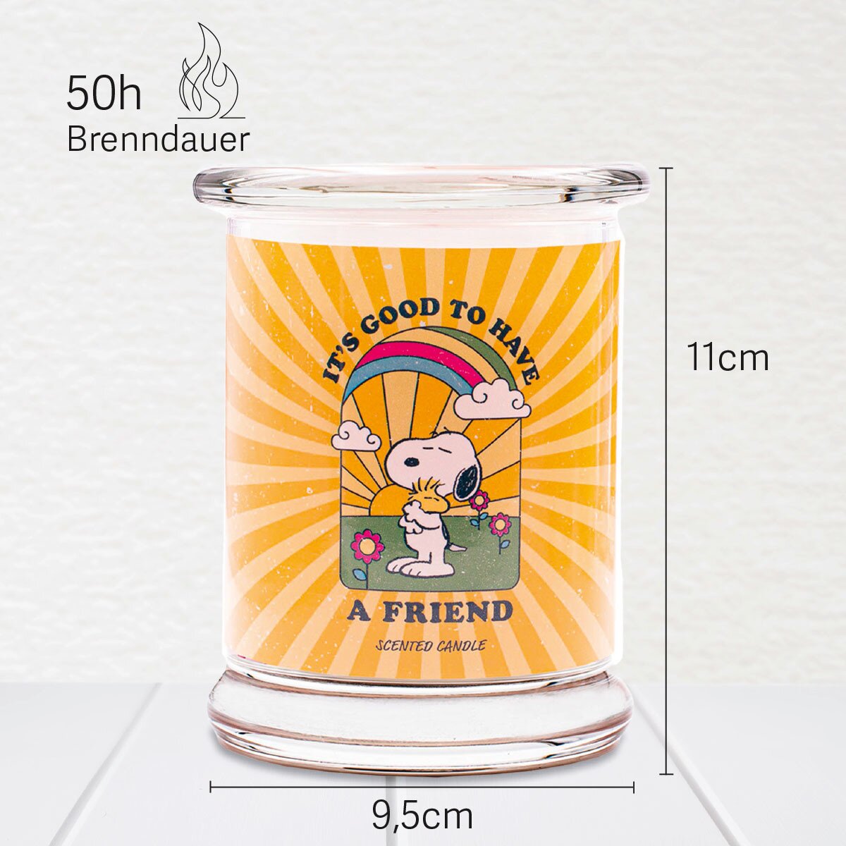 Peanuts Duftkerze ‚A Friend' (250g) im Glas - 11cm hoch, 9,5cm breit. Offizielle Lizenzkerze mit 50h Brenndauer, angenehmer Duft und liebevolles Peanuts-Design. Veganes Wohnaccessoire oder Geschenkidee.