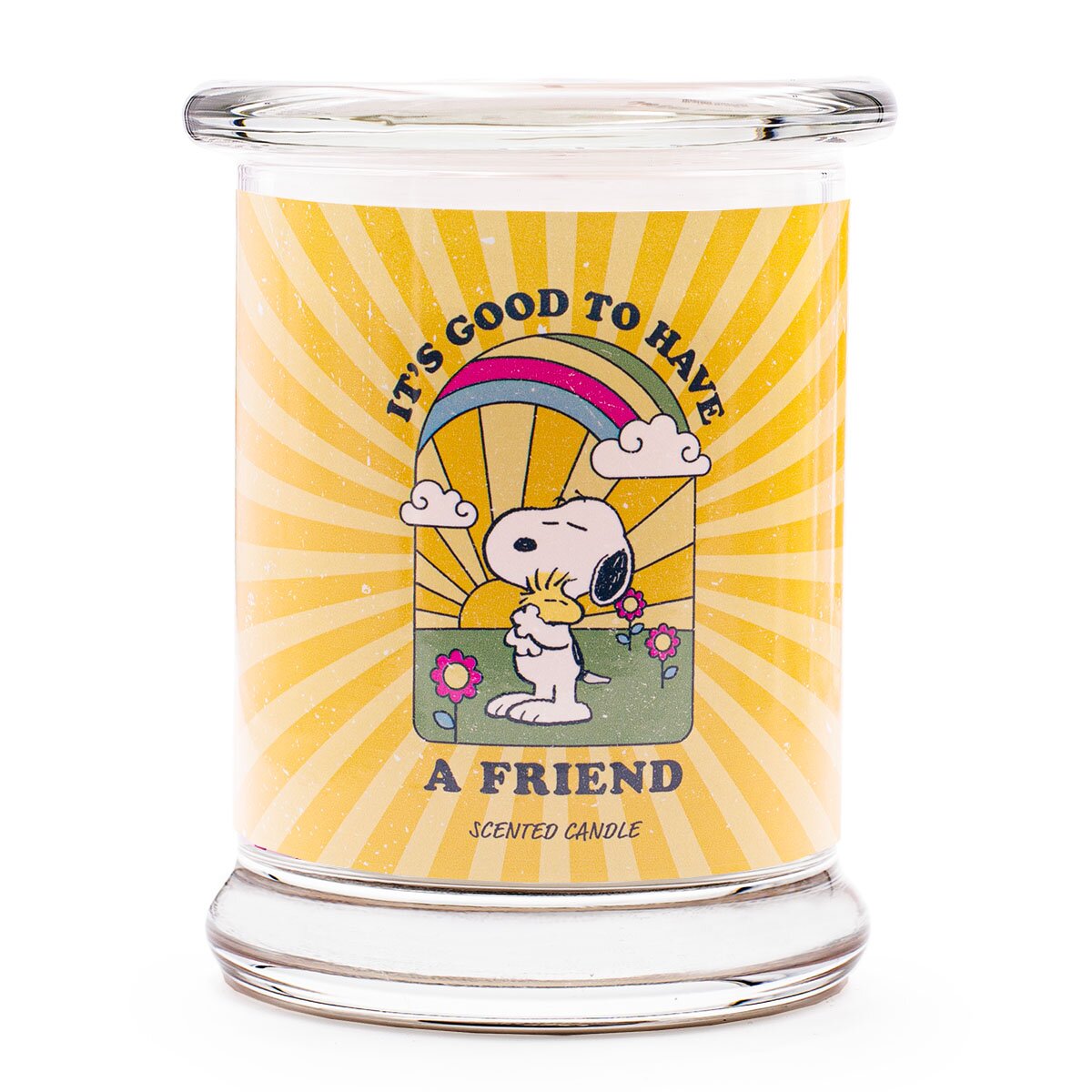Peanuts Duftkerze ‚A Friend‘ im Glas und mit Deckel – offizielle Lizenzkerze  im liebevollem Design mit Snoopy und seinem Freund Woodstock auf gelbem Hintergrund – perfekte Geschenkidee für deine besten Freund/Freundin.